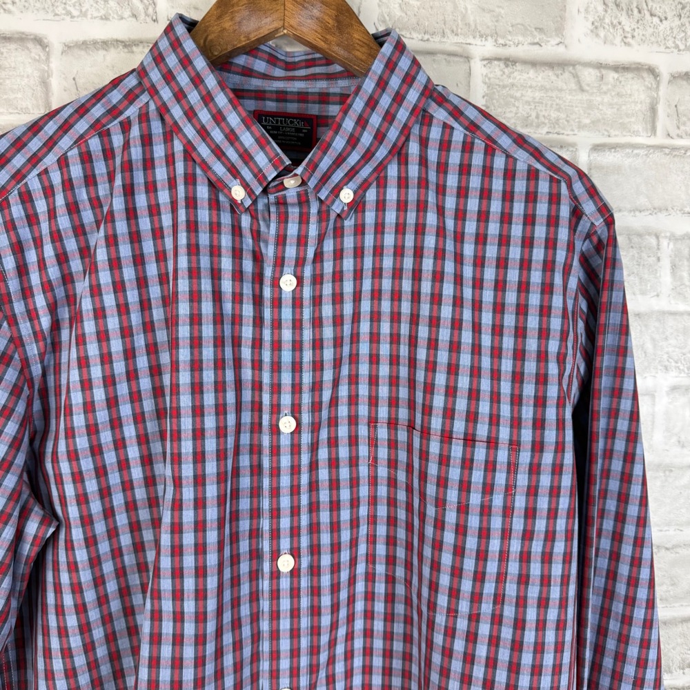 UNTUCKit Raviello WF Slim Fit Plaid Shirt Mens Large Red Blue Button Down 40341